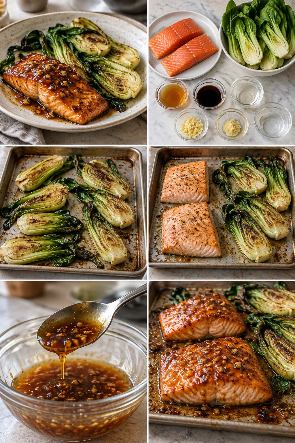 Glossy honey garlic salmon with browned baby bok choy