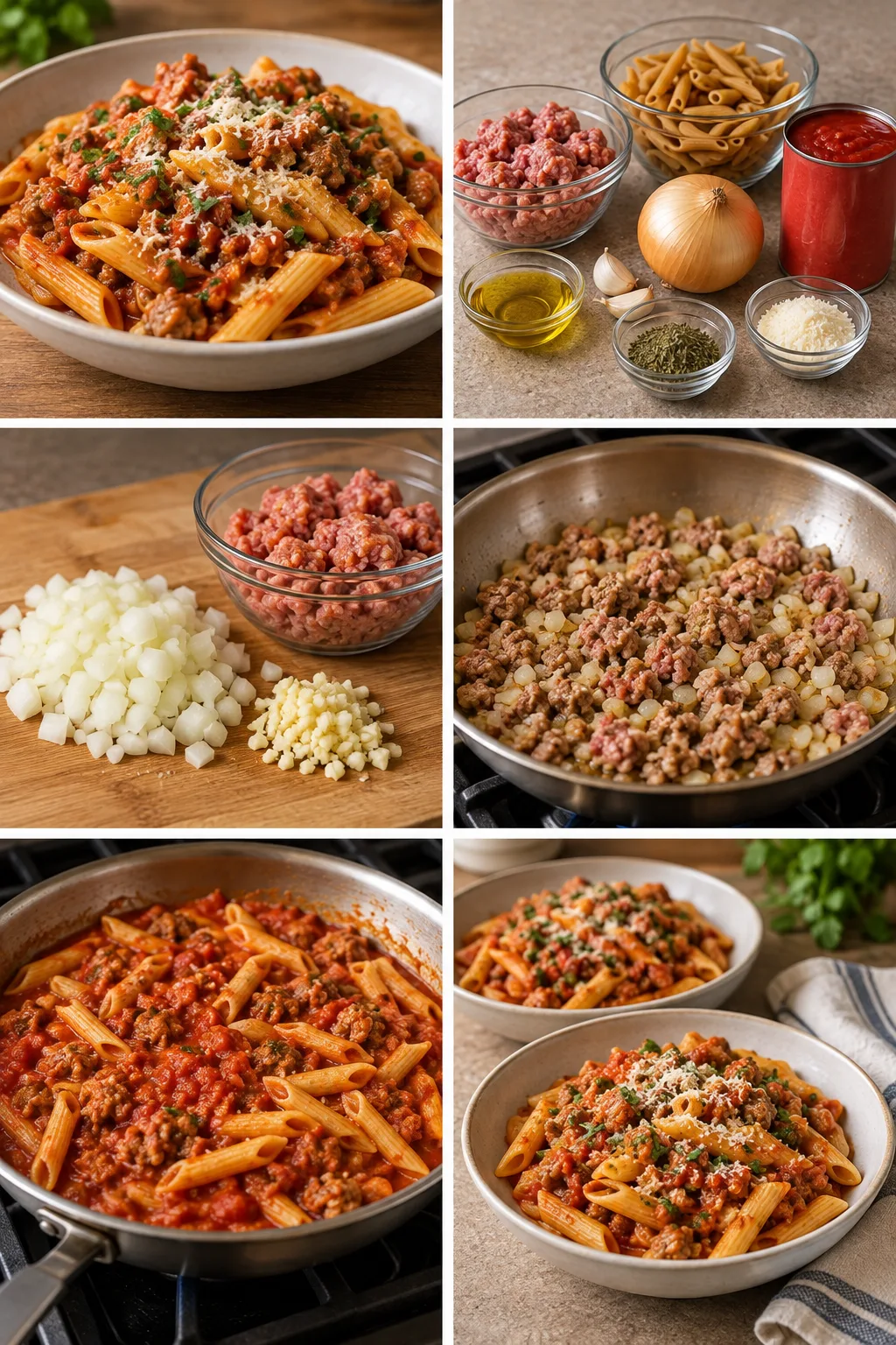 A finished lighter two-serving plate of Italian Sausage Pasta