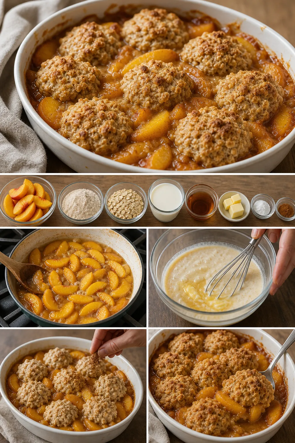 Finished lighter American Peach Cobbler in its familiar home-style presentation