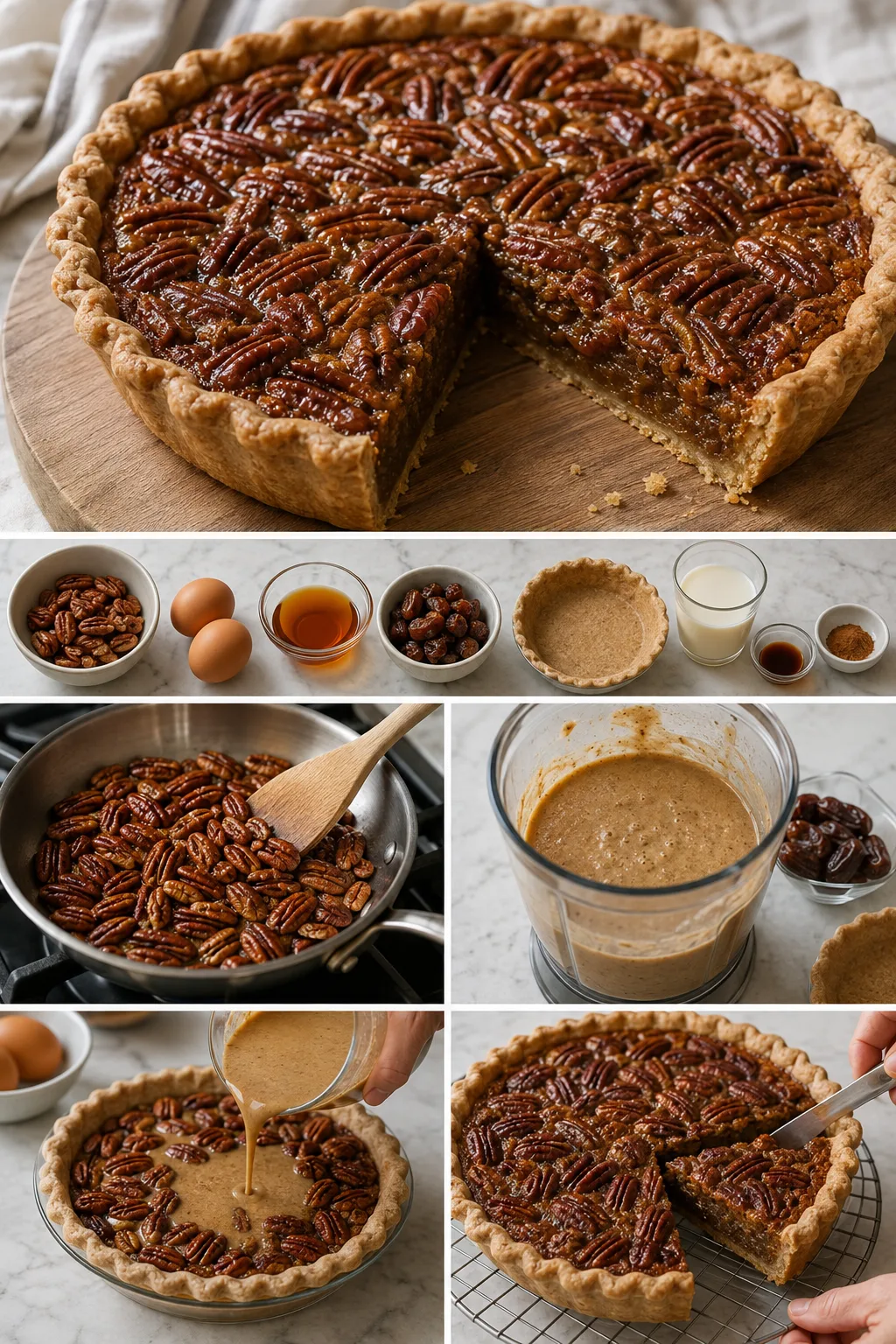 Finished lighter American Pecan Pie in its familiar home-style presentation