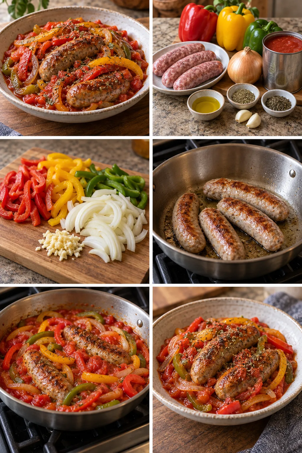 A finished lighter two-serving plate of Sausage and Peppers