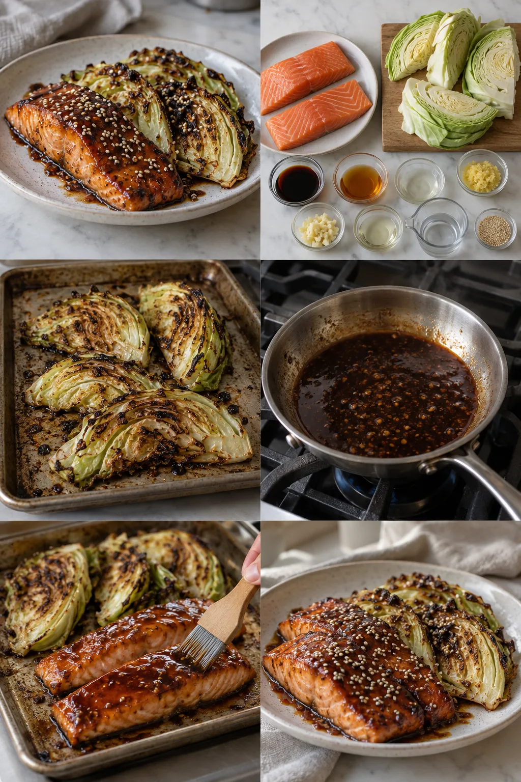 Thinly glazed teriyaki salmon with charred cabbage and sesame seeds