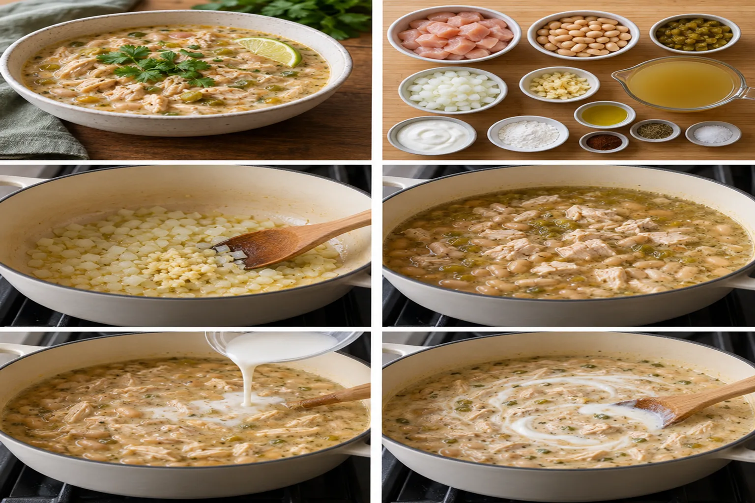A close-up of a bowl of creamy white chicken chili, garnished with a fresh sprig of cilantro and a lime wedge.