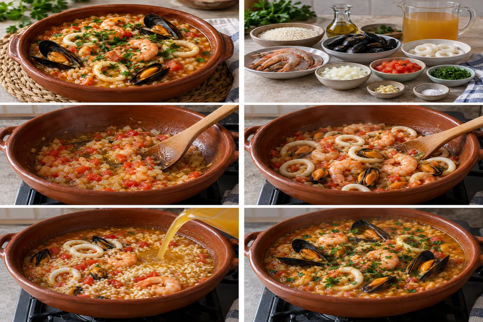 Primer plano de un plato hondo de arroz caldoso de marisco, con gambas, mejillones y calamares visibles, espolvoreado con perejil.
