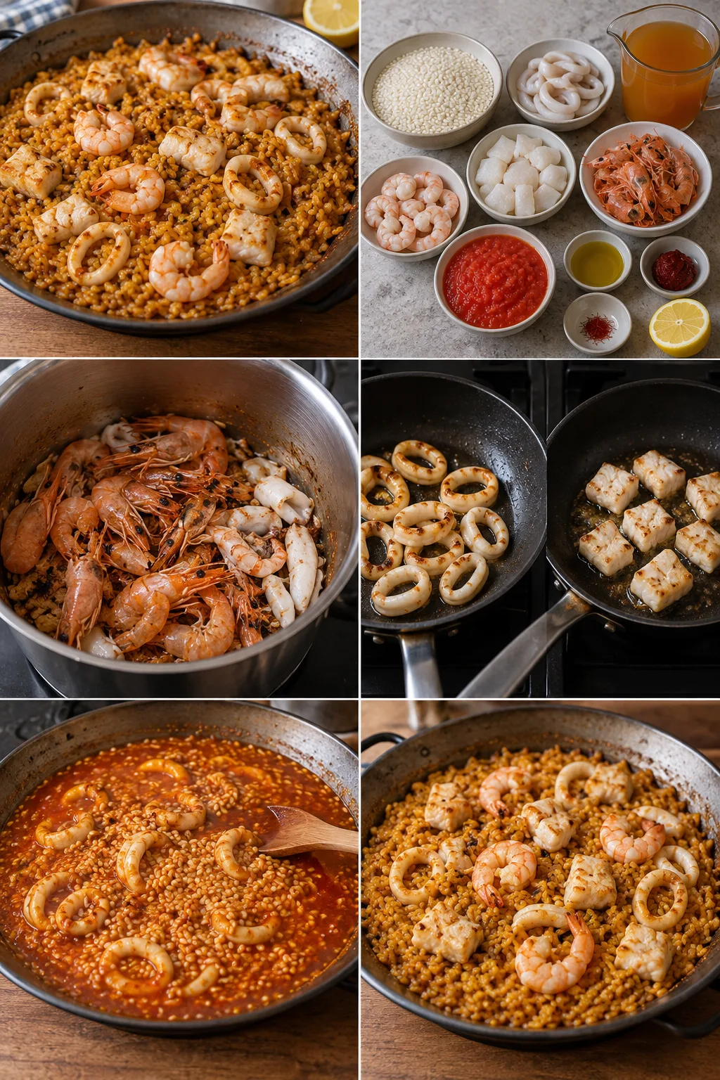 Arroz del senyoret seco con calamar pescado blanco y gambas peladas