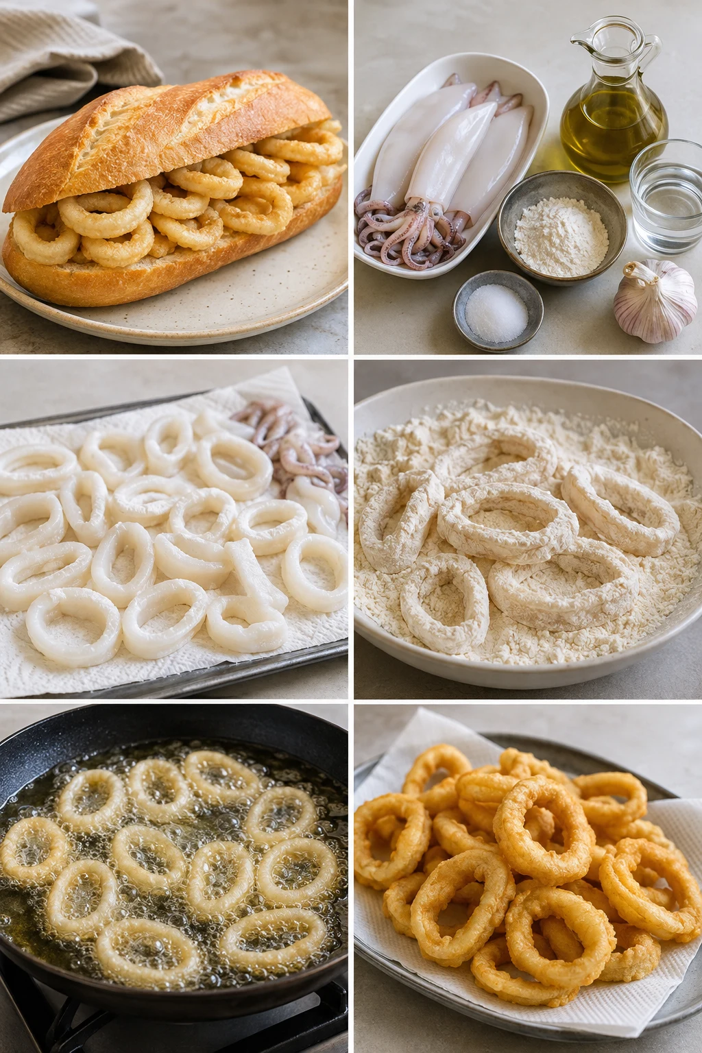 Ración terminada de Bocadillo de calamares española preparada de forma más ligera