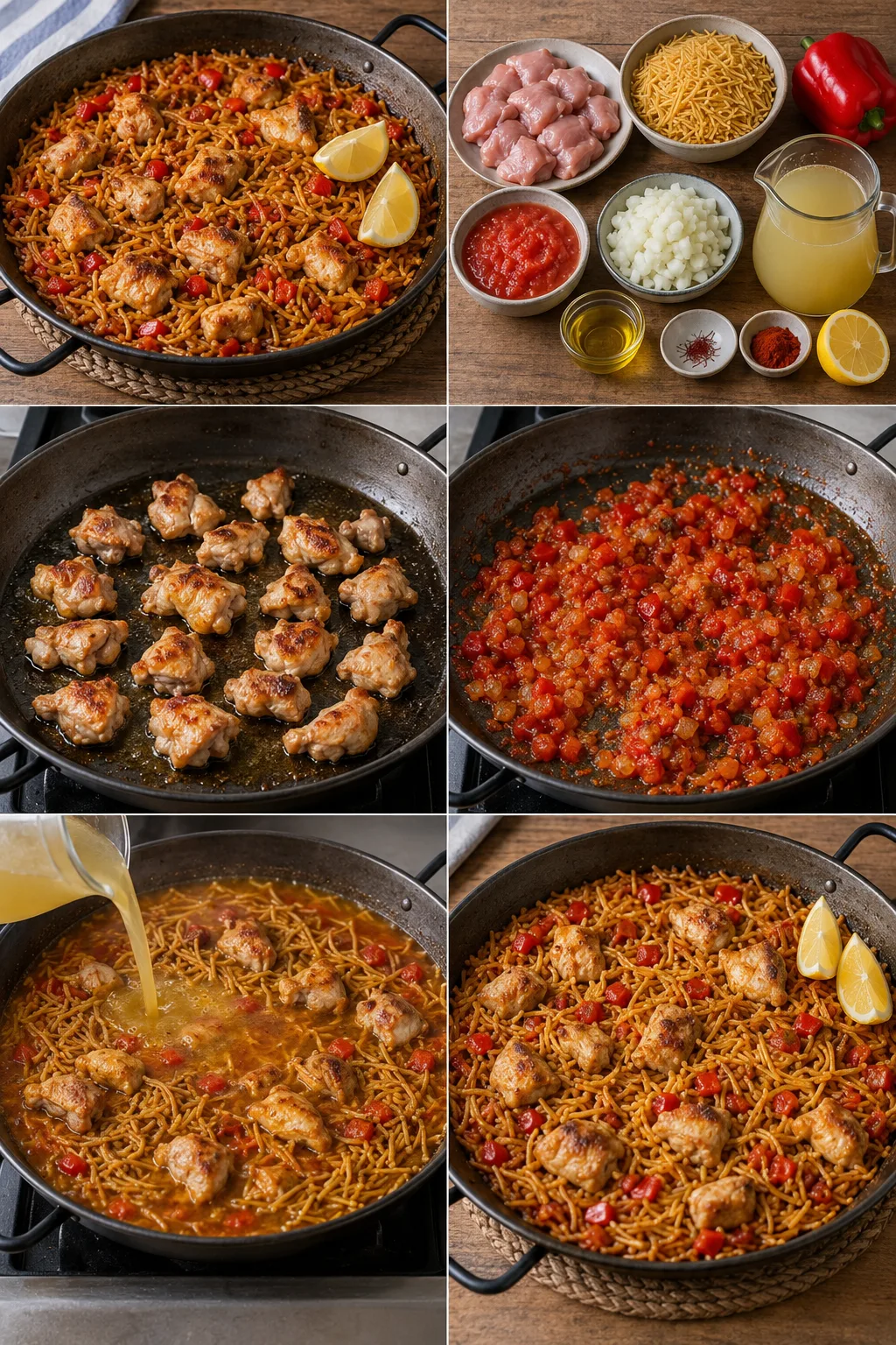 Fideuá de pollo sin piel con fideo tostado pimiento y limón