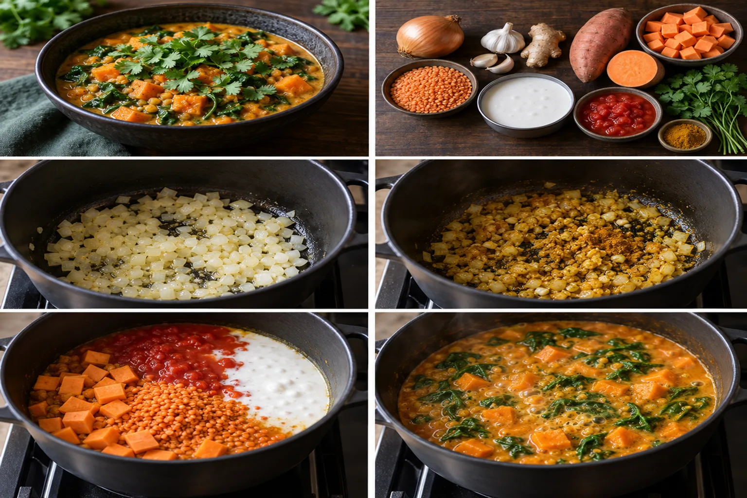 Lähikuva värikkäästä kasviscurrysta, jossa on runsaasti bataattia, pinaattia ja linssejä, syvässä keraamisessa kulhossa. Curryn pinta on ripoteltu tuoreella korianterilla. Lämpimät värit ja höyryävä pinta luovat kutsuvan tunnelman. Luonnollinen valaistus korostaa tekstuuria.