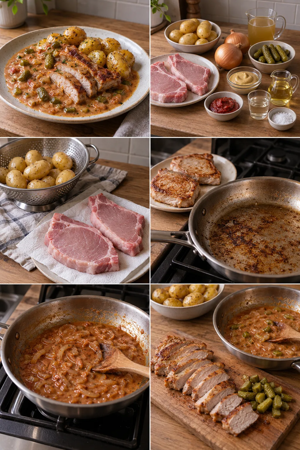 Côte de porc dorée avec sauce charcutière légère aux cornichons et pommes grenaille