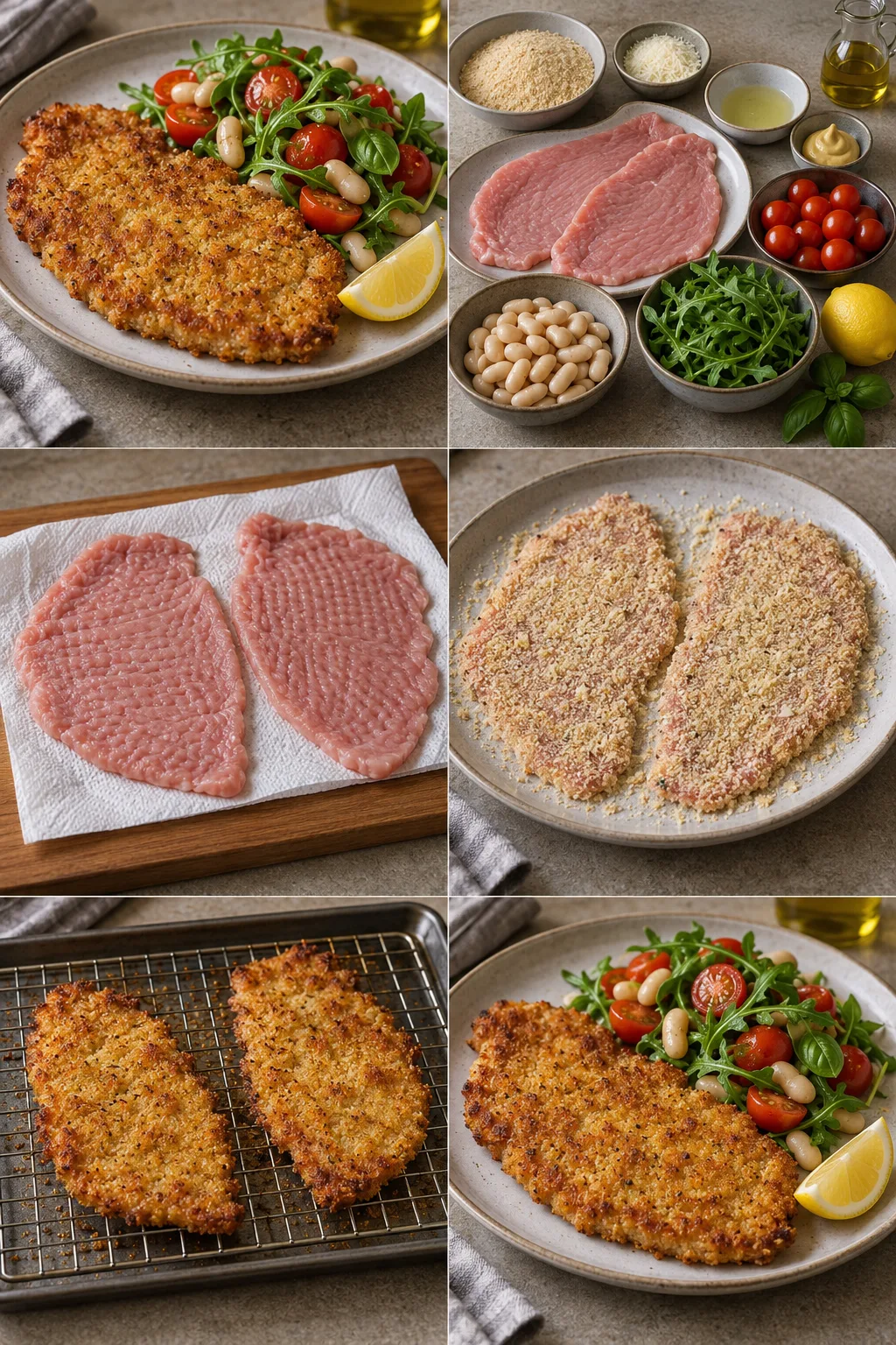 Escalope de veau milanaise dorée au four avec salade tomate haricots roquette