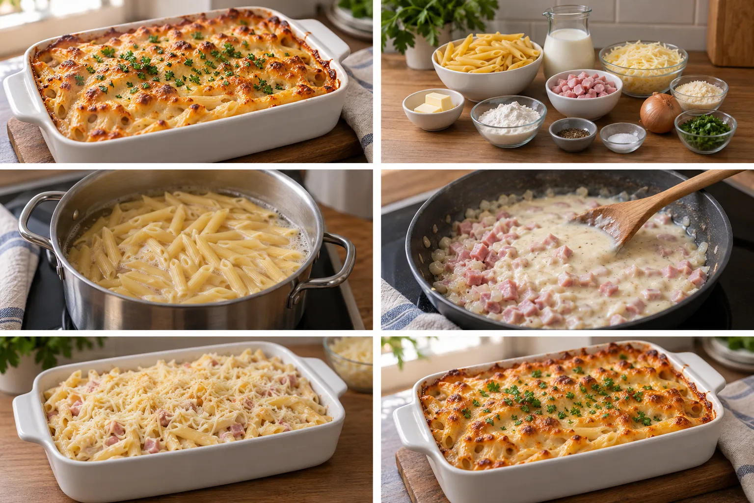 Gratin de pâtes doré et croustillant, parsemé de persil frais, dans un plat en céramique blanc.
