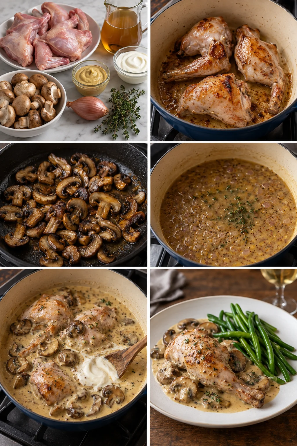 Lapin à la moutarde dans une sauce légère aux champignons avec haricots verts