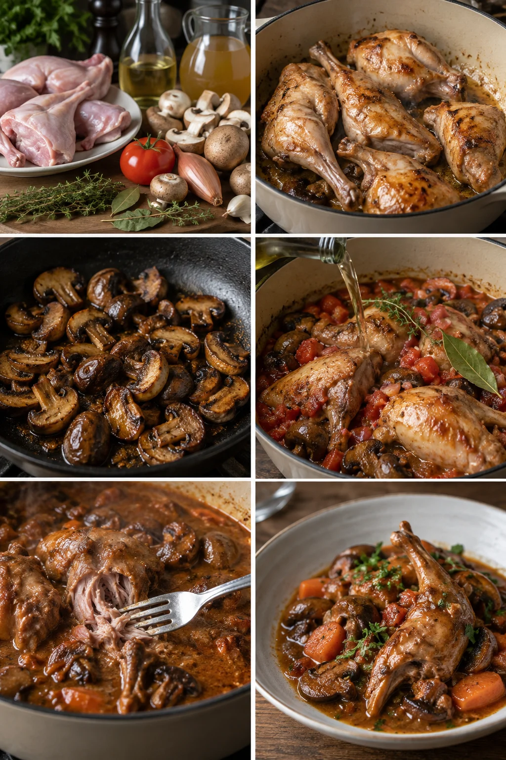 Lapin chasseur tendre avec champignons carottes et sauce tomate au vin