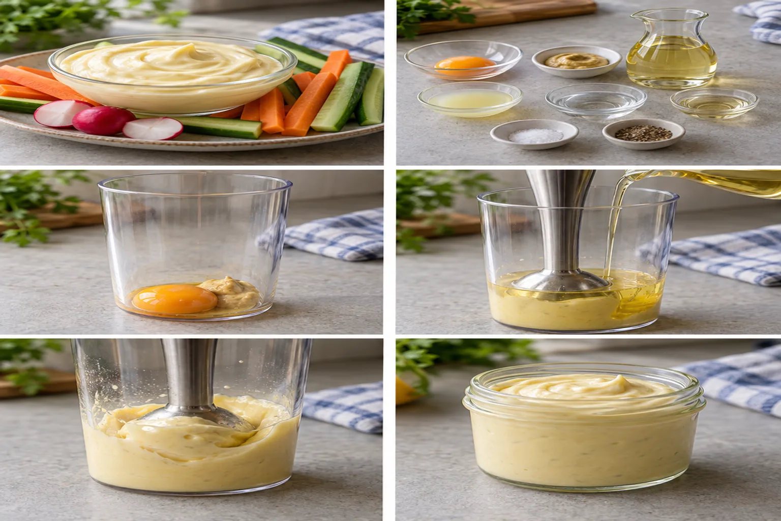 Mayonnaise maison onctueuse dans un petit bol en verre, accompagnée de quelques bâtonnets de légumes frais