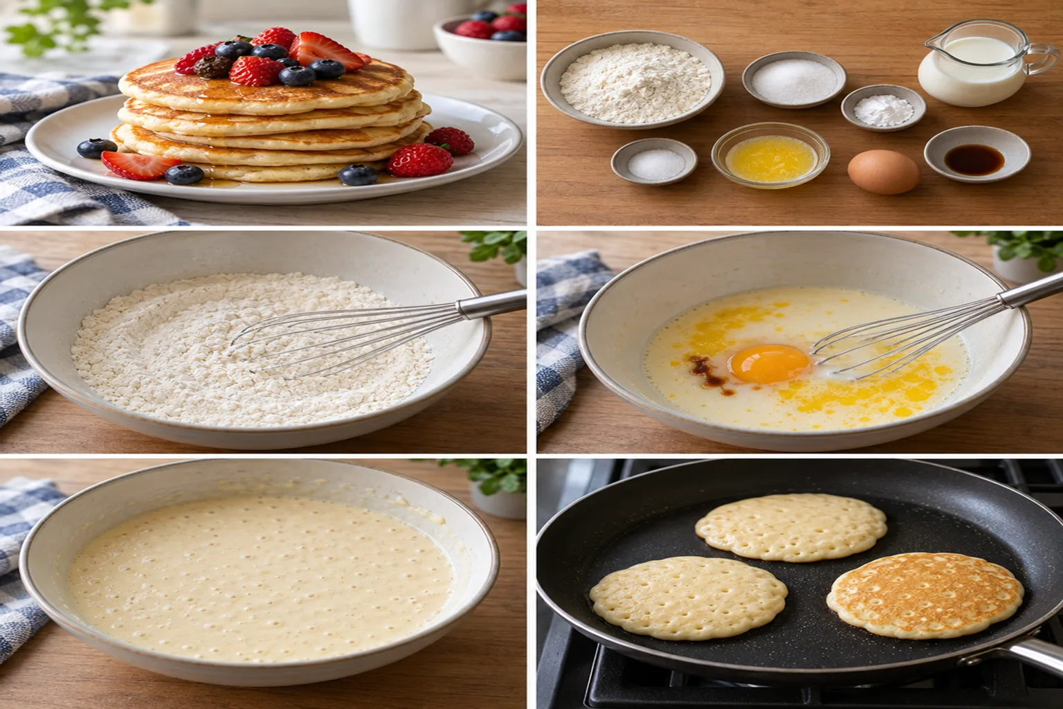 Pile de pancakes dorés et moelleux, garnis de quelques baies fraîches sur une assiette blanche