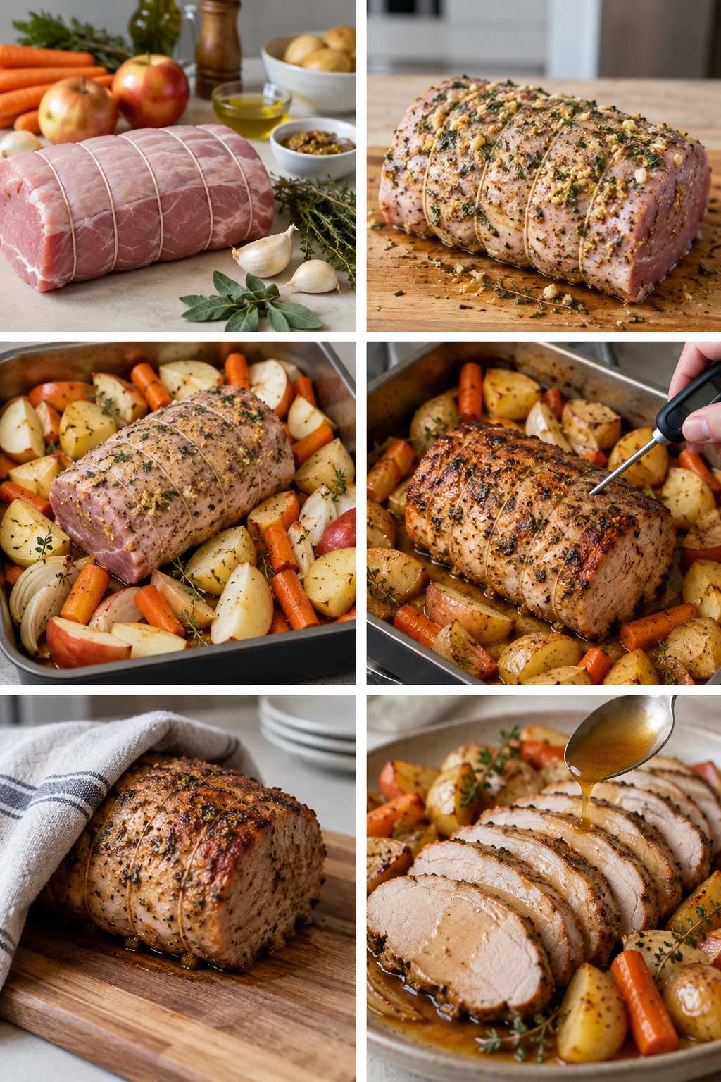 Rôti de porc aux herbes tranché avec carottes pommes de terre oignons et pommes