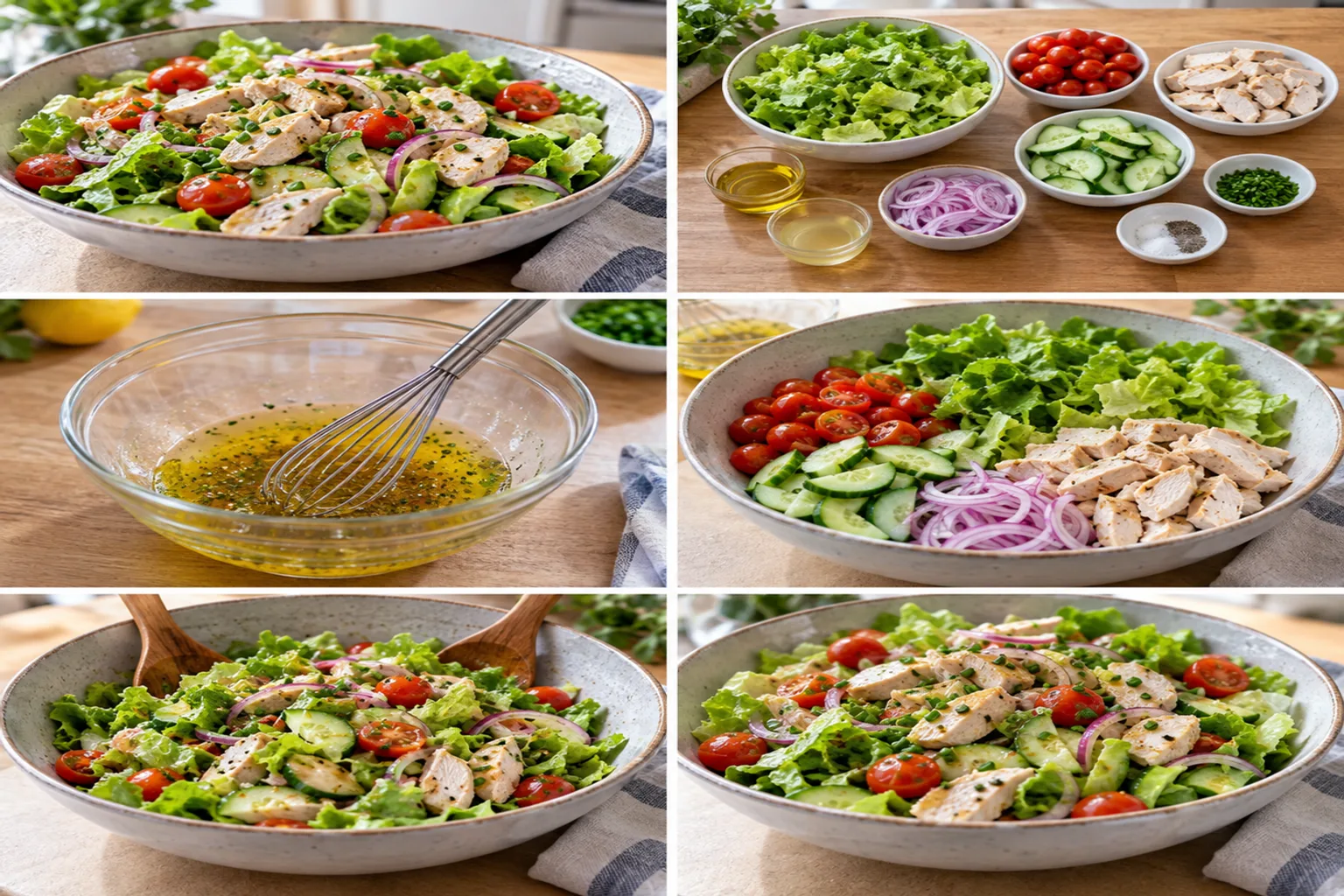 Grande salade composée colorée et fraîche, avec du poulet grillé, dans un bol en bois clair.