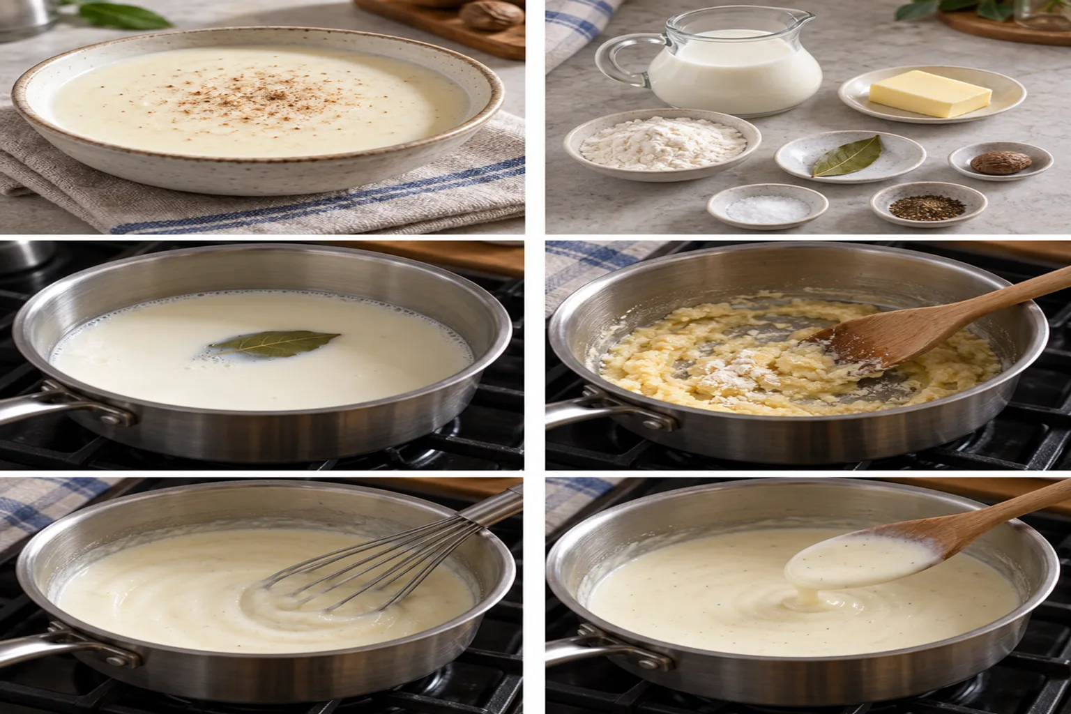 Sauce béchamel onctueuse et blanche dans un petit bol en céramique, avec une pincée de muscade sur le dessus