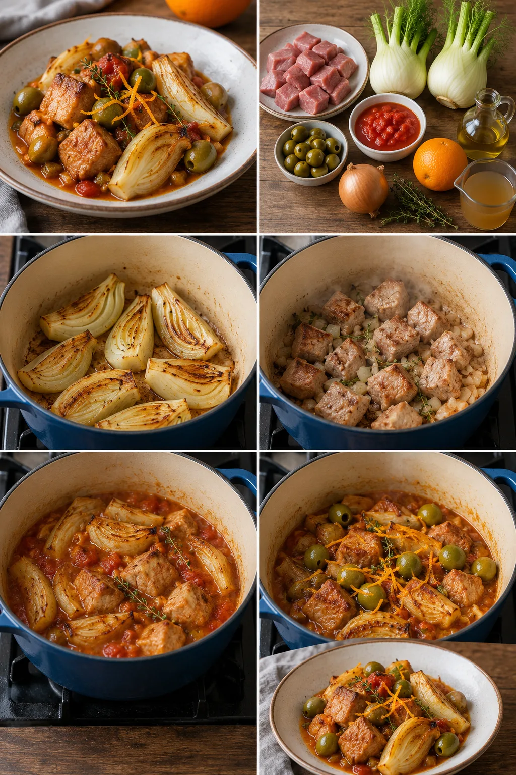 Sauté de porc aux olives vertes fenouil doré tomate et zeste d'orange