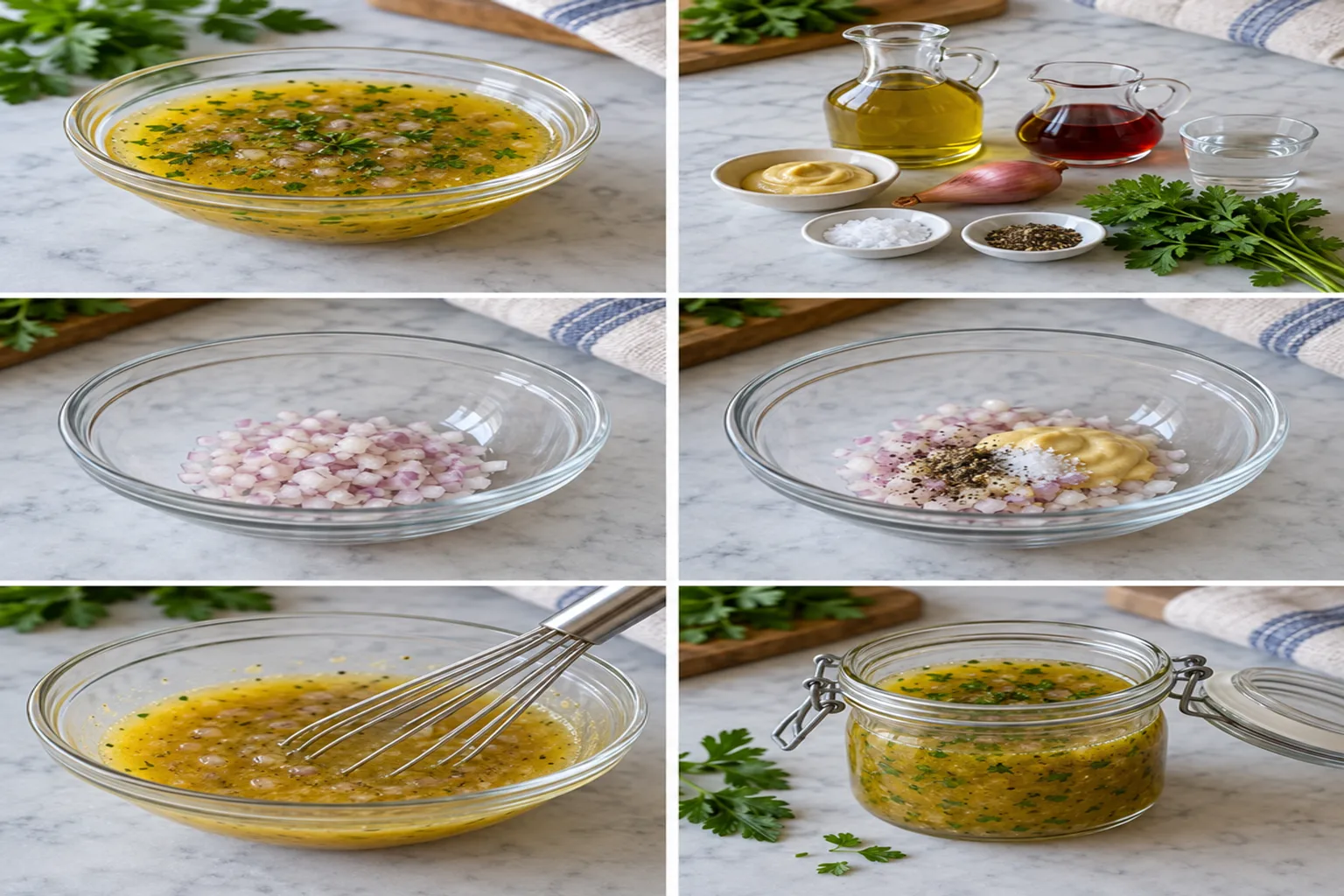 Vinaigrette maison légère et brillante dans un petit bol en verre, avec quelques herbes fraîches
