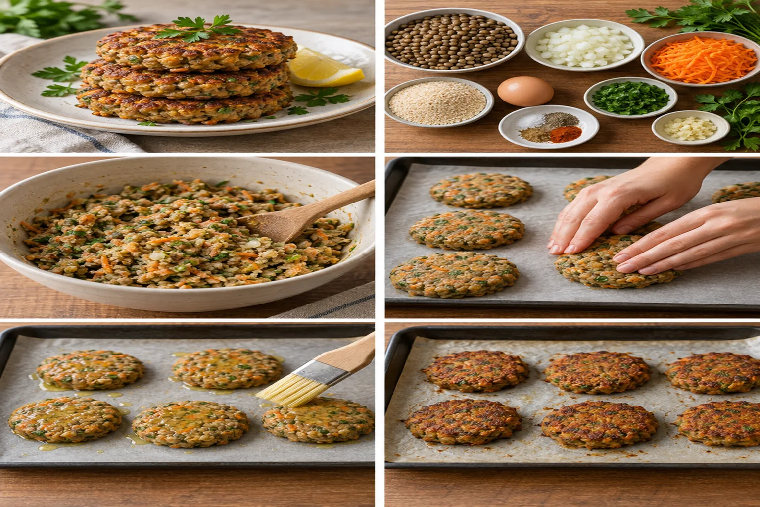 Close-up of golden-brown lentil patties garnished with fresh parsley on a rustic plate.