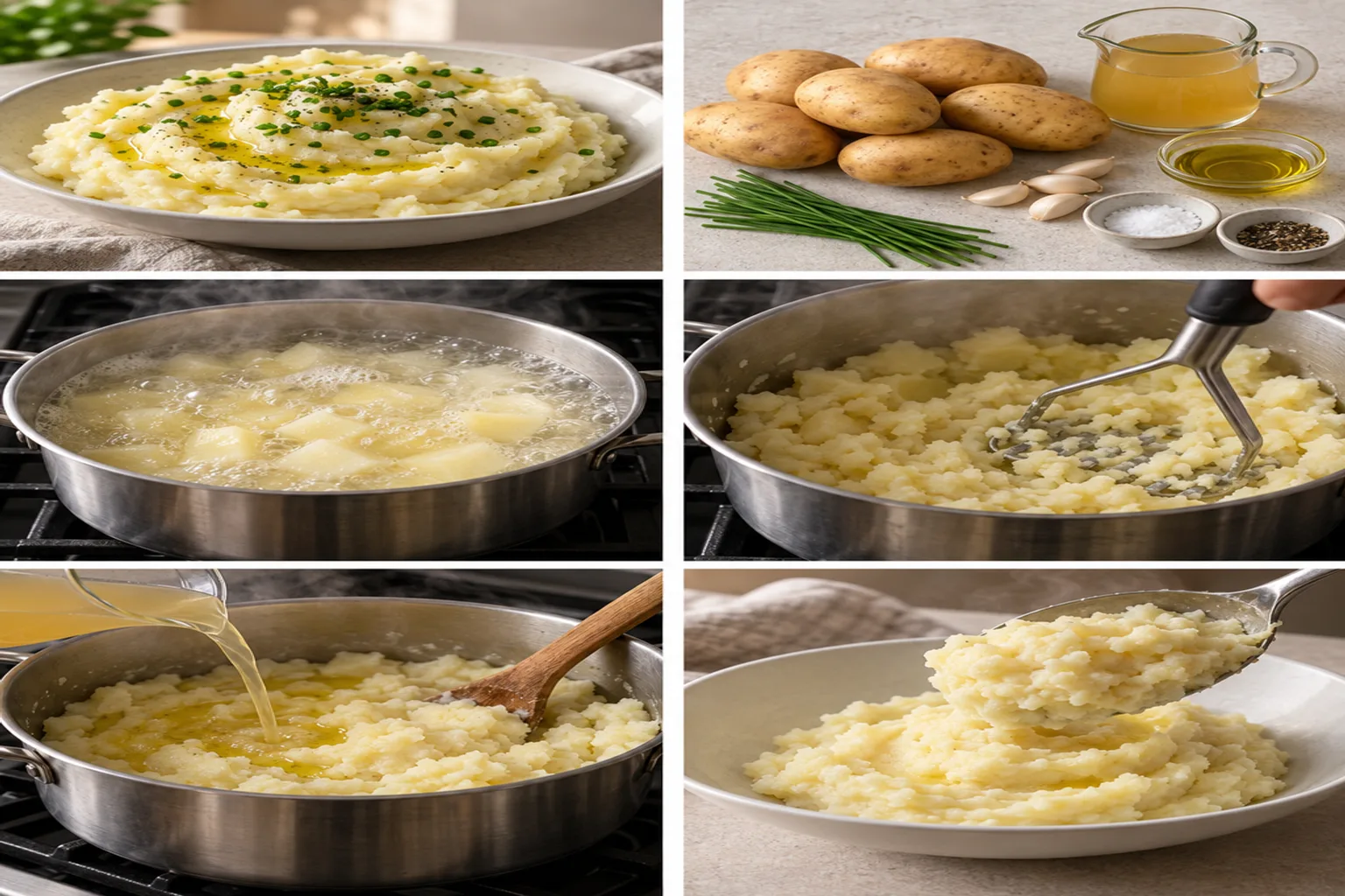 Close-up of fluffy mashed potatoes in a white bowl, garnished with fresh chives, under soft studio lighting.