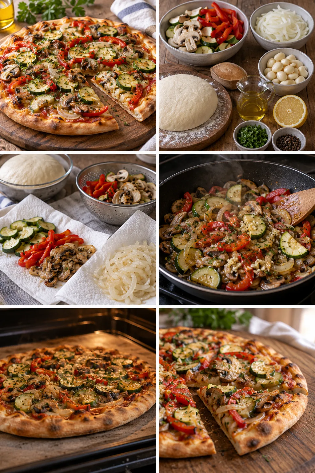 Domaća pizza lakše i jasnijeg okusa: povrće prethodno ispeci da ne pusti vodu na tijesto. Domaća pizza zadržava domaći karakter kada se povrće prethodno ispeci da ne pusti vodu na tijesto; približno 330–450 kcal po porciji.