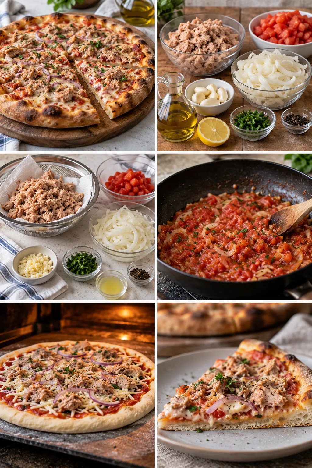 Pizza s tunom lakše i jasnijeg okusa: tunu potpuno ocijedi i umak od rajčice svedi na tanak sloj. Pizza s tunom zadržava domaći karakter kada se tunu potpuno ocijedi i umak od rajčice svedi na tanak sloj; približno 330–450 kcal po porciji.