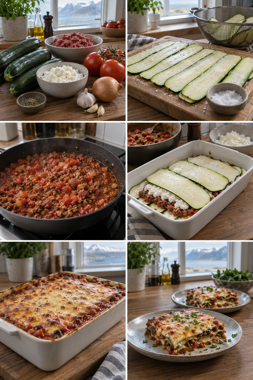 Kúrbítslasagna, léttari heimagerð útgáfa tilbúin til framreiðslu
