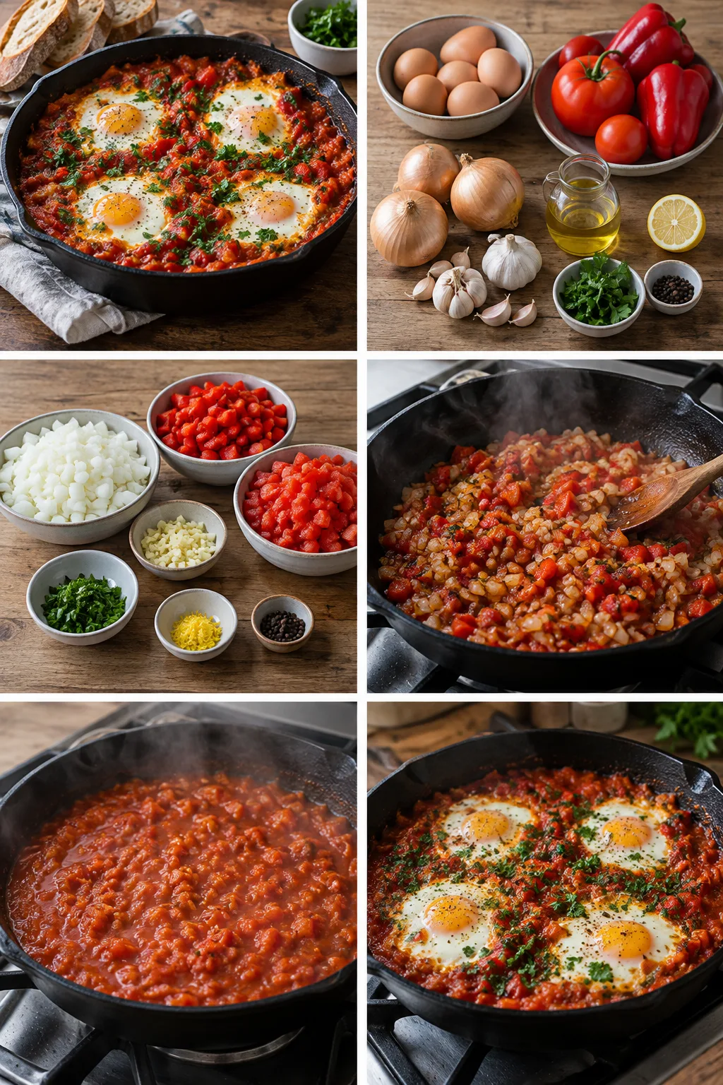 Shakshuka léttara: sjóða tómatsósuna þykka áður en eggin eru brotin út í. Shakshuka heldur heimilislegri áferð þegar sjóða tómatsósuna þykka áður en eggin eru brotin út í; um 320–430 kcal í skammti.