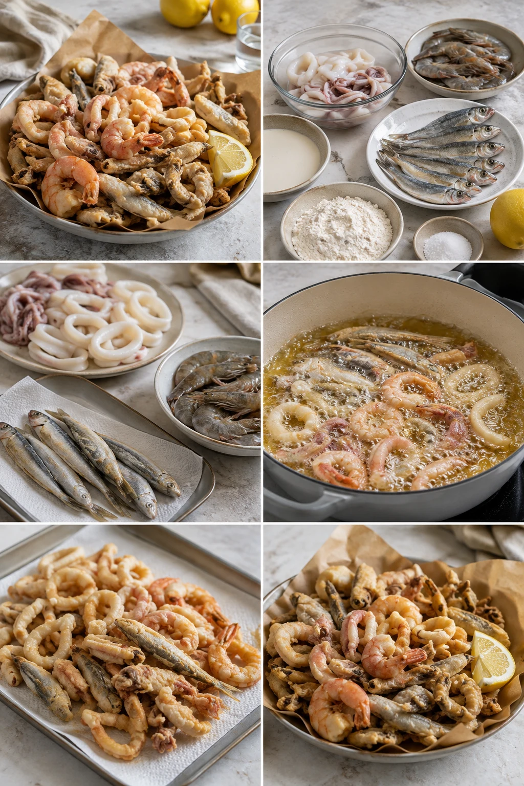 Fritto misto di pesce italiano finito e servito in una versione casalinga più leggera