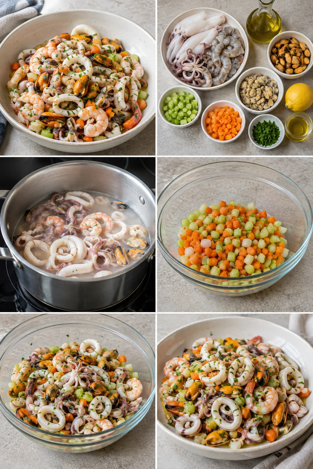 Insalata di mare italiano finito e servito in una versione casalinga più leggera