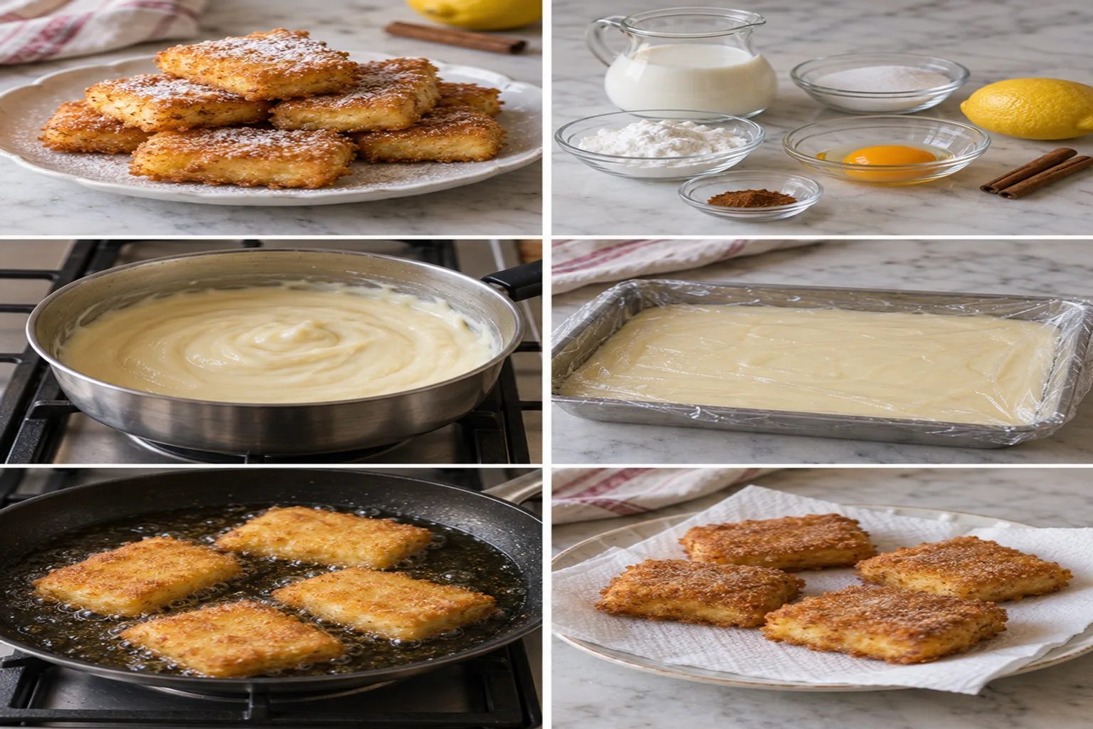 Latte fritto dorato e croccante, spolverato di zucchero a velo, su un piatto bianco.