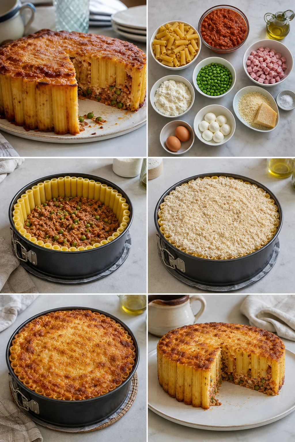 Timballo di pasta italiano finito e servito in una versione casalinga più leggera