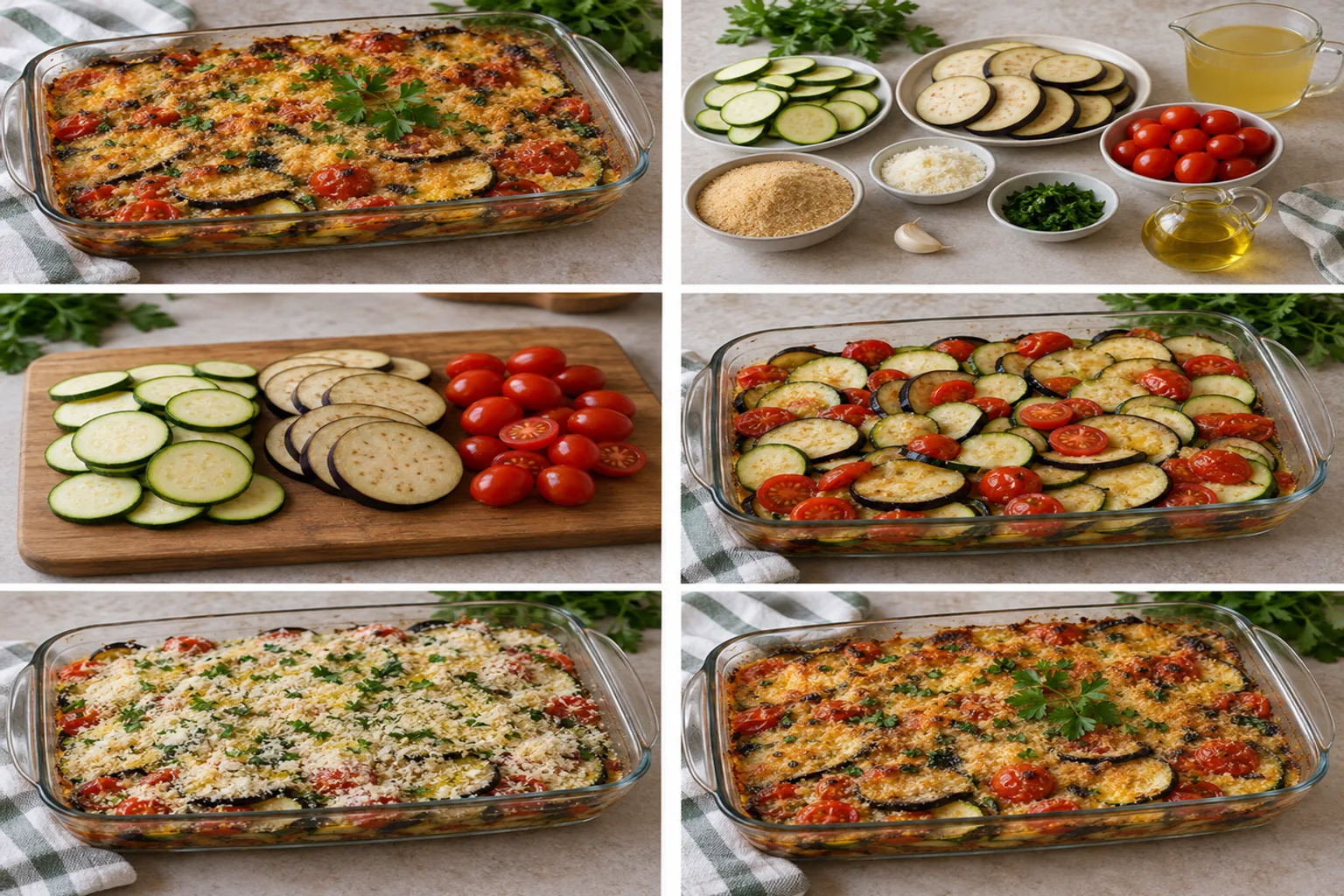 Verdure gratinate colorate e croccanti in una pirofila, con una superficie dorata e erbe fresche.