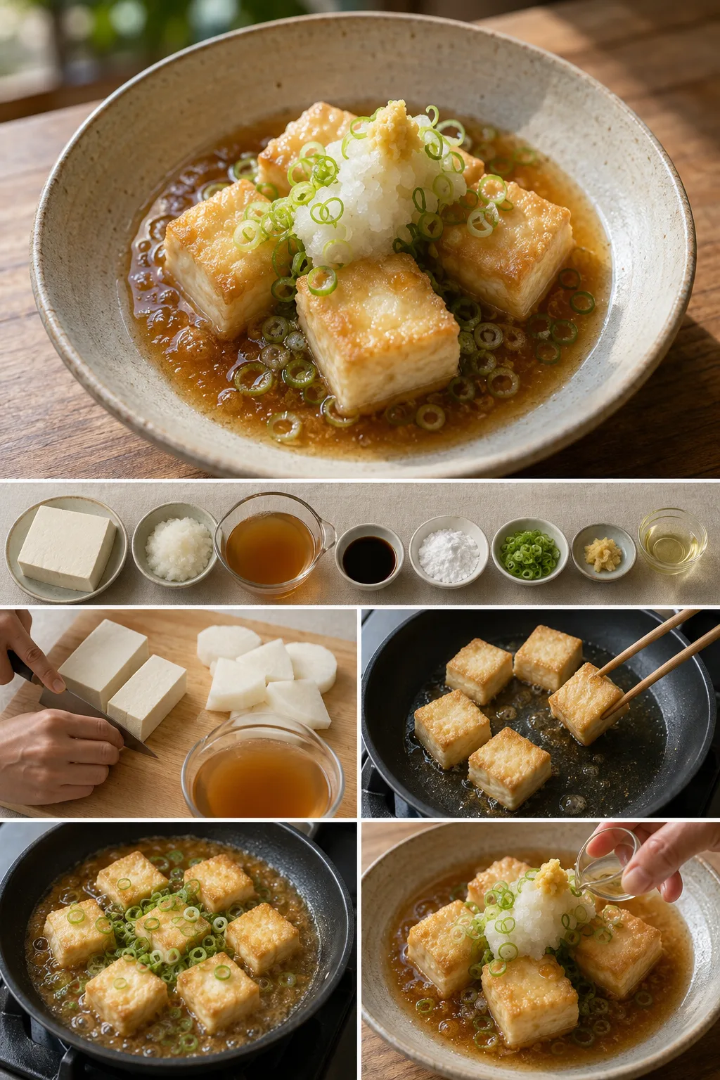 油と量を整えて盛り付けた軽い揚げ出し豆腐