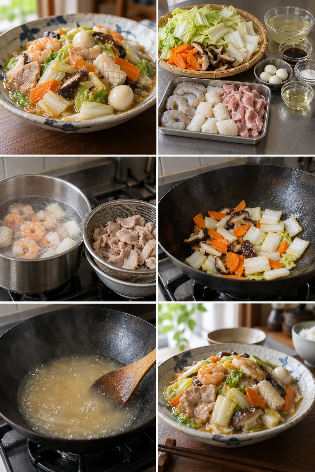 豚肉えびいか白菜きのこを薄いあんでまとめた八宝菜