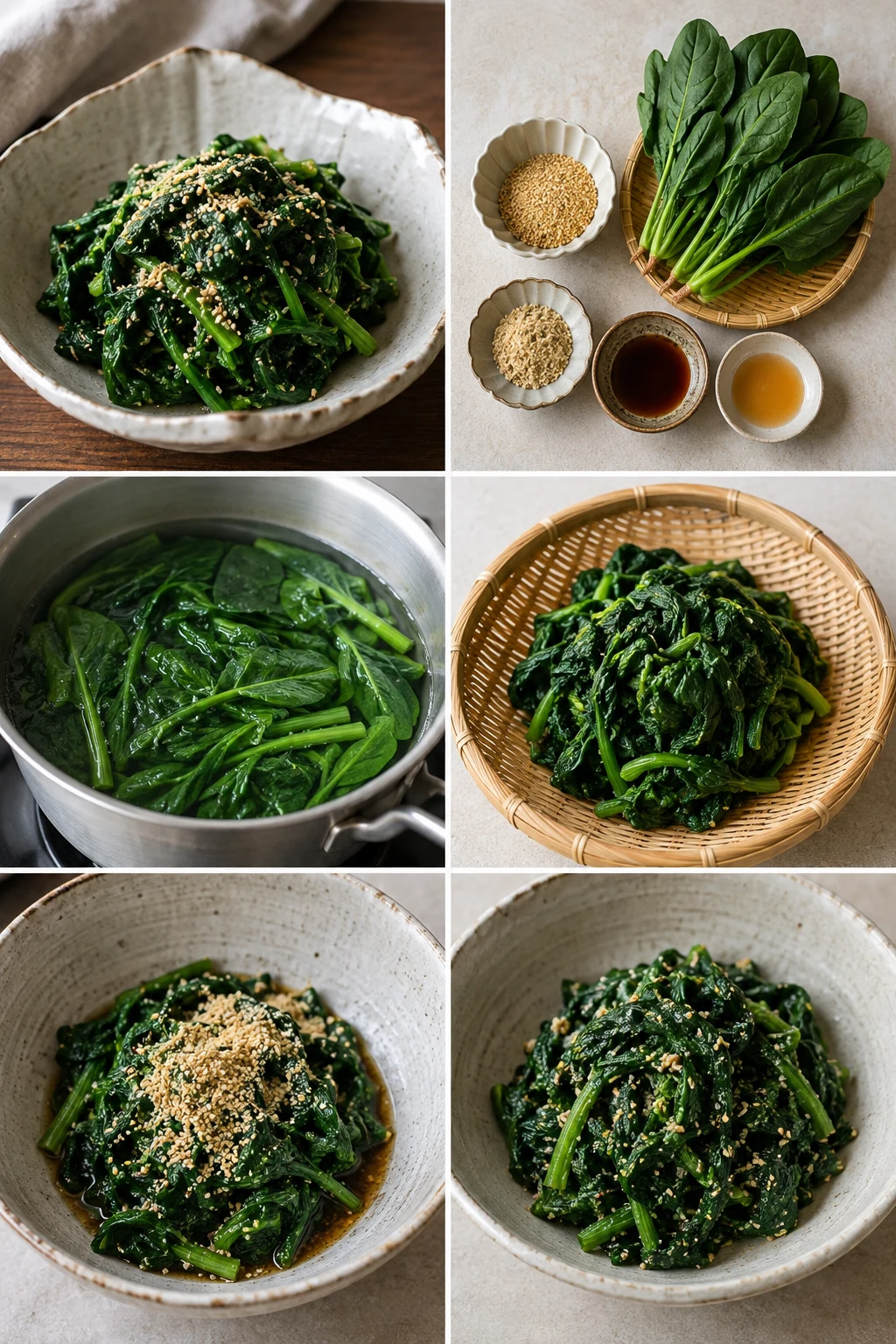 油と量を整えて盛り付けた軽いほうれん草の胡麻和え