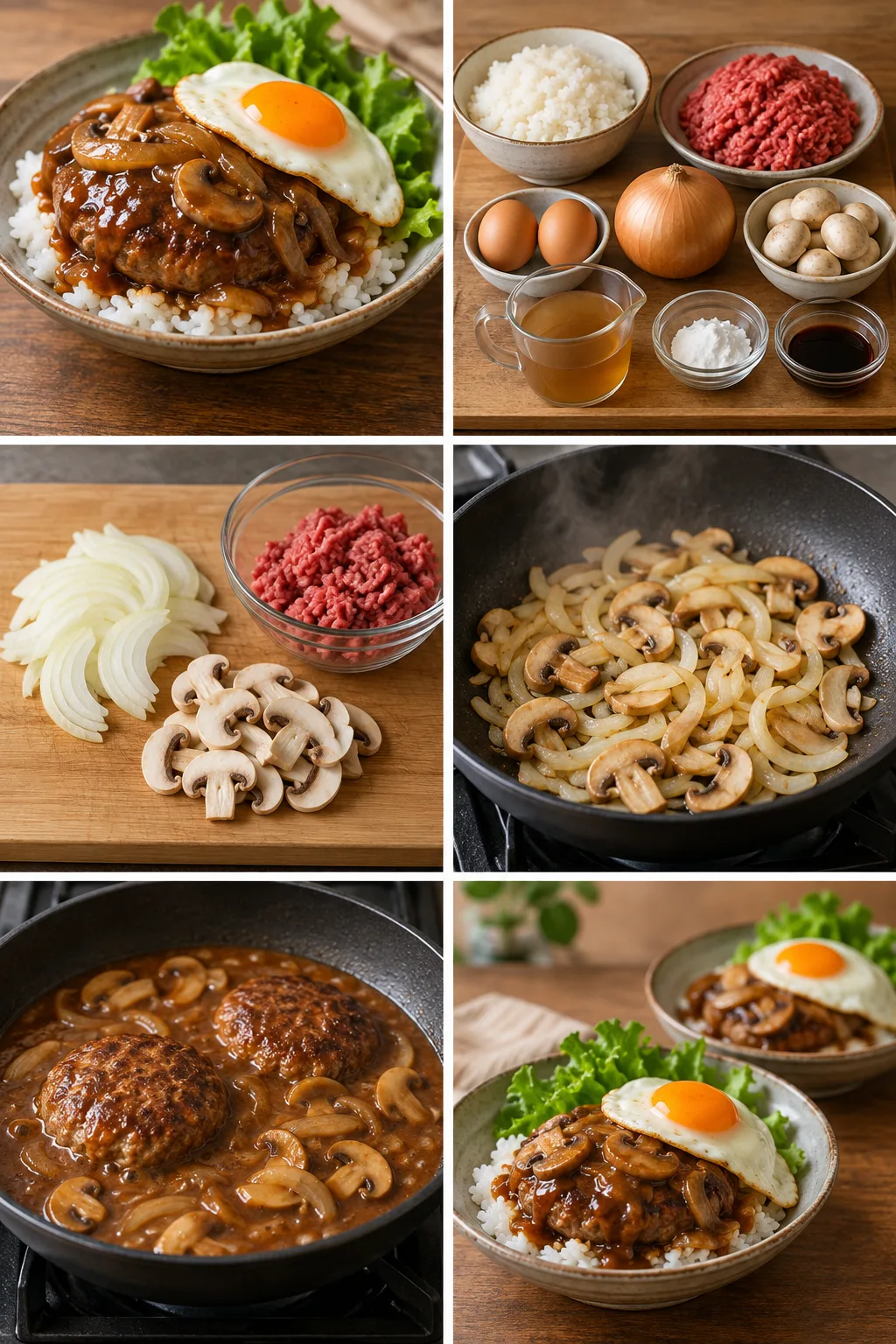 完成した二人分のヘルシーなロコモコ丼