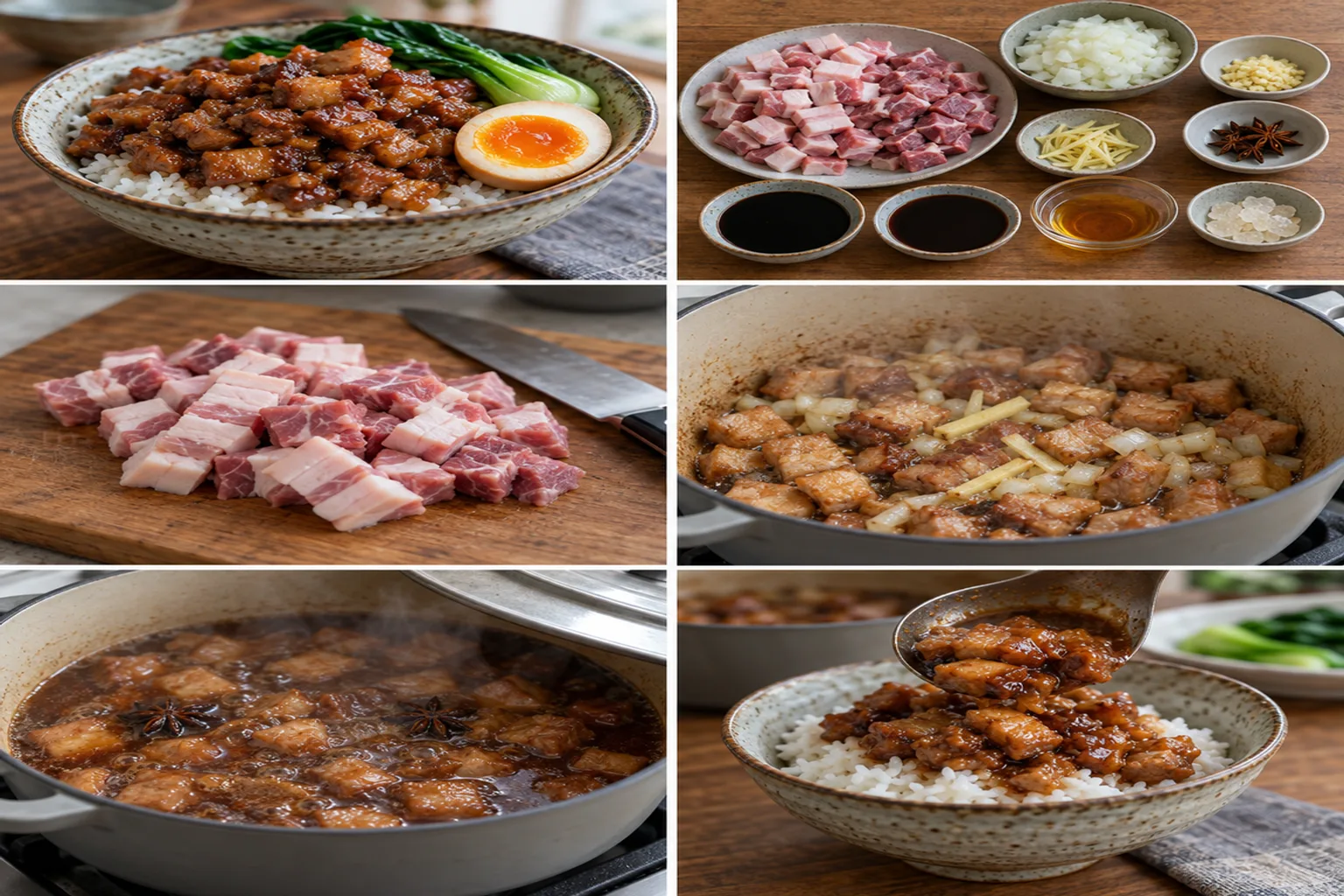 白い丼にご飯が盛られ、その上に艶やかなルーローハンがたっぷりとかけられている。煮卵と青菜が添えられ、食欲をそそる香りが漂うような情景。