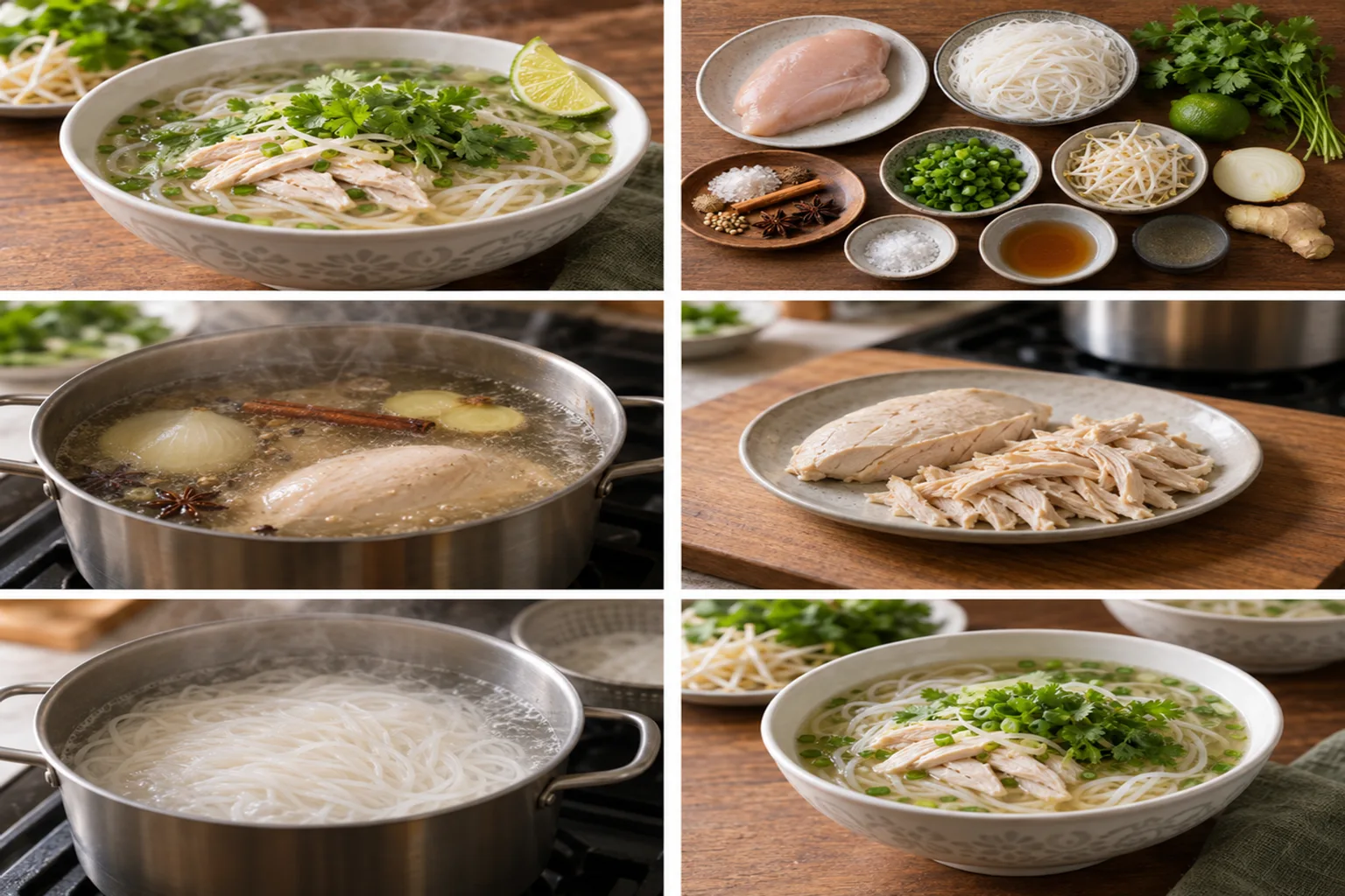 できたてのフォーを白い大きめの丼に盛り付け、鮮やかな緑のパクチーと青ネギ、薄切りの赤唐辛子、そしてライムのくし切りが添えられています。湯気が立ち上り、温かさと香りが伝わるようなアングルです。
