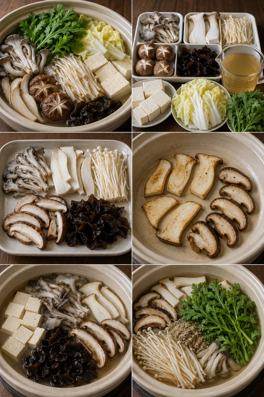 한국 식탁에 차린 가볍게 조리한 버섯전골