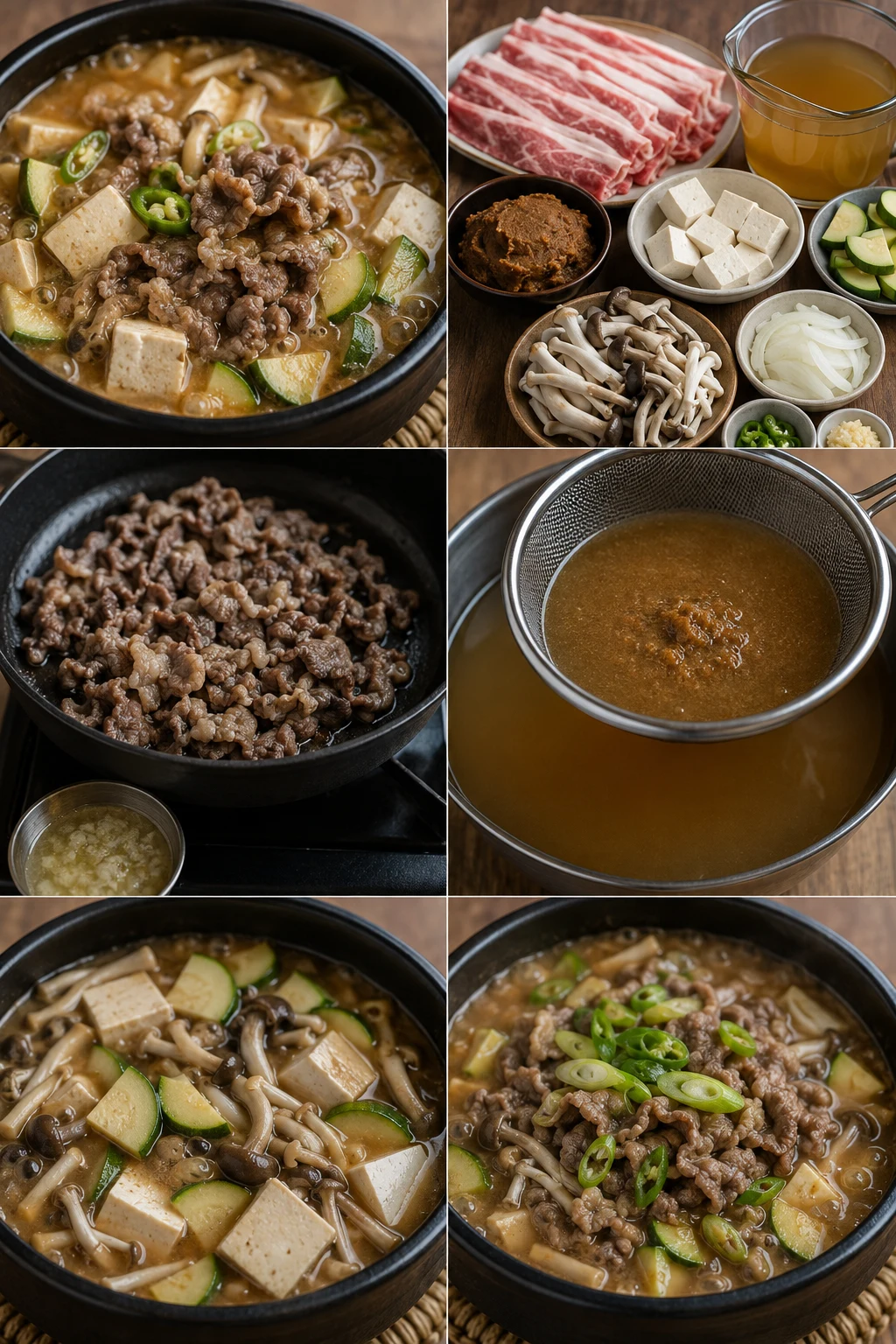 한국 식탁에 차린 가볍게 조리한 차돌된장찌개