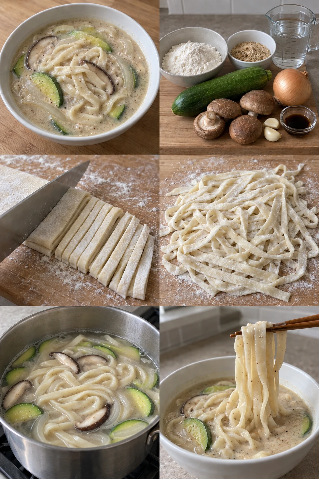 납작한 칼국수 면과 애호박, 표고버섯이 보이는 들깨칼국수