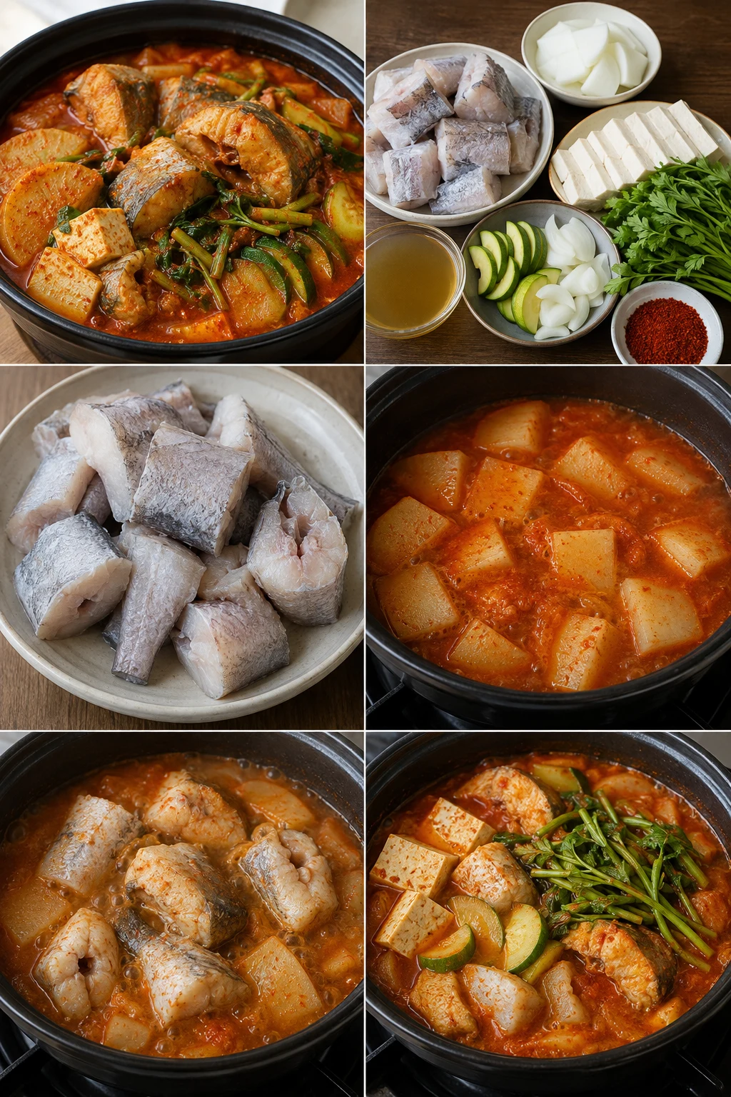 한국 식탁에 차린 가볍게 조리한 동태찌개