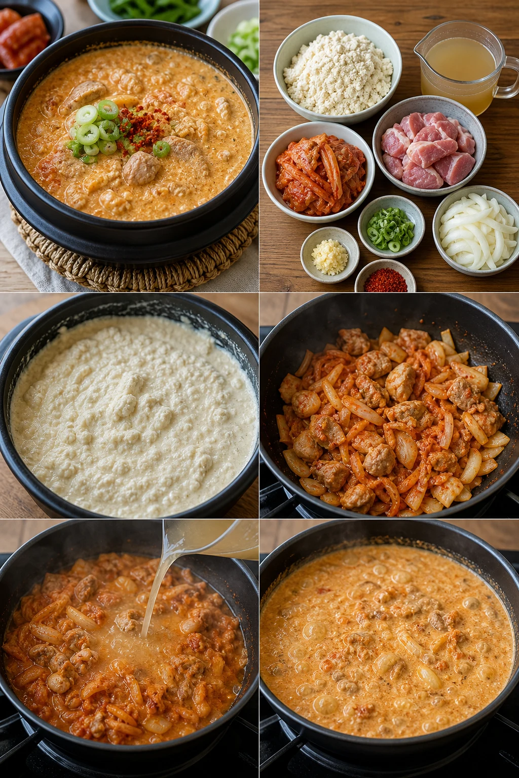 한국 식탁에 차린 가볍게 조리한 콩비지찌개