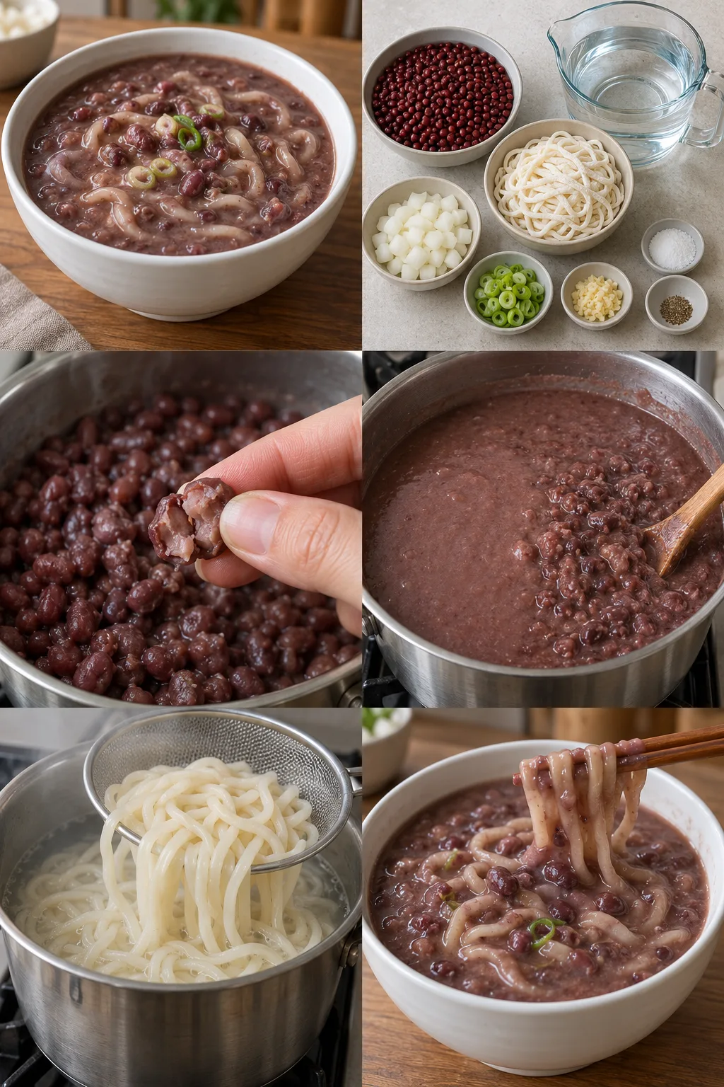통팥 조각과 대파가 보이는 진한 팥칼국수 한 그릇