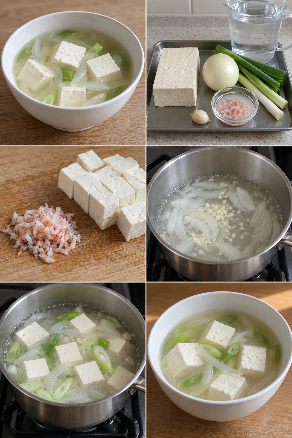 두부 단면과 대파가 깨끗하게 보이는 맑은 새우젓두부찌개