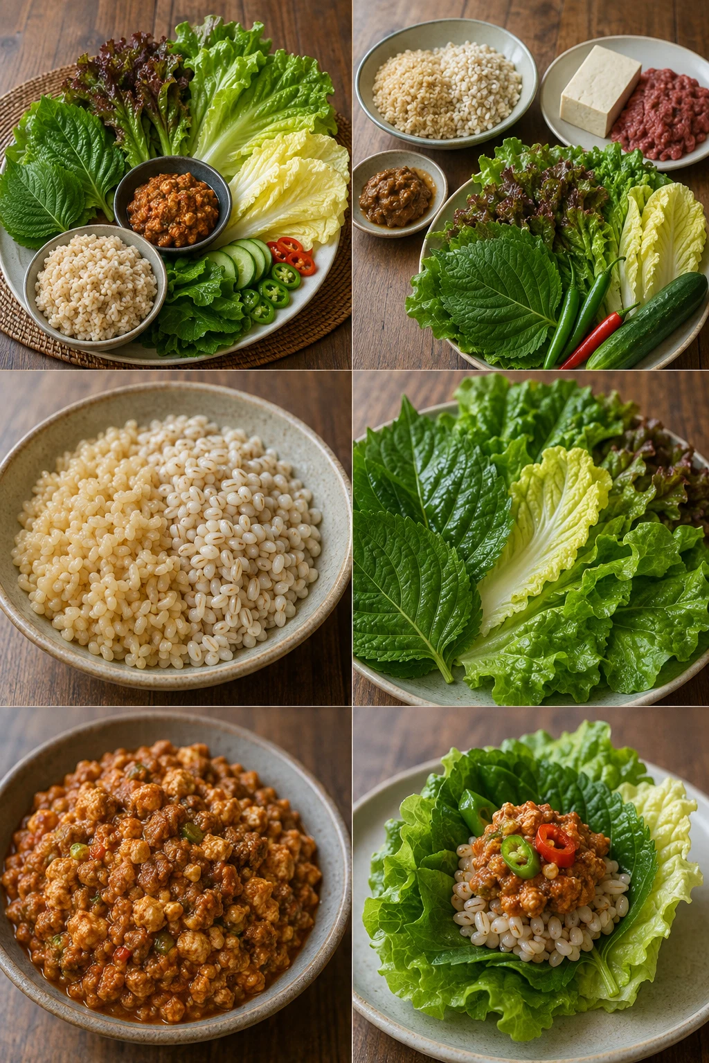 한국 식탁에 차린 가볍게 조리한 쌈밥