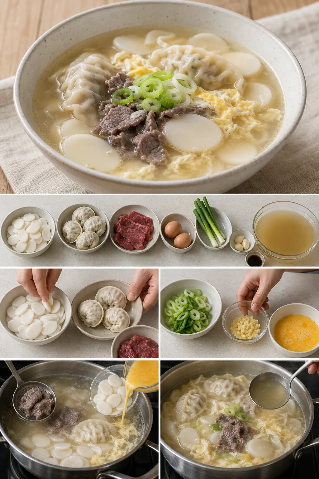 익숙한 모양과 색을 살려 가볍게 완성한 떡만둣국